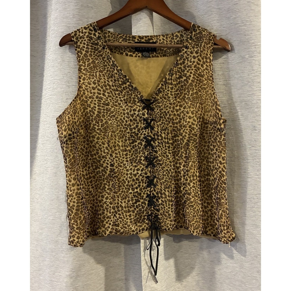 Spencer Jeremy Silk Leapord Print Lace Up Front Top Size Large